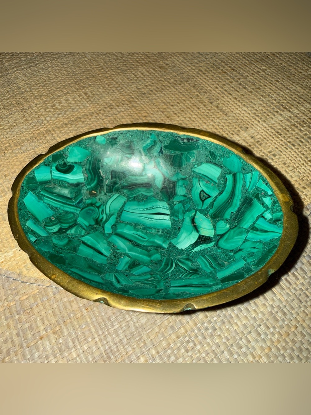 Vintage Oval Malachite Trinket Dish Bowl Brass Rim Catch-All Natural Green 3”x4”